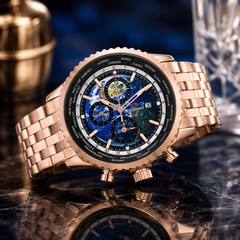 Seapro Meridian World Timer GMT – Blue Dial Men's Quartz Travel Watch with 47mm Stainless Steel Bracelet, GMT, Alarm & 100M Water Resistance