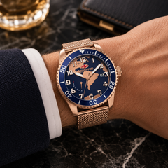 Seapro Voyager – Blue Dial Men's Quartz GMT Travel Watch with 47mm Stainless Steel Case, Rose Gold Bracelet & 100M Water Resistance