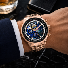Seapro Meridian World Timer GMT – Blue Dial Men's Quartz Travel Watch with 47mm Stainless Steel Bracelet, GMT, Alarm & 100M Water Resistance
