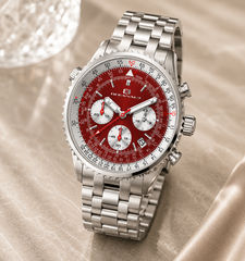 Oceanaut Flight – Red Dial Men's Quartz Statement Watch with 46mm Stainless Steel Case, Silver Bracelet & 100M Water Resistance