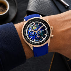 Seapro Meridian World Timer GMT – Blue Dial Men's Quartz Travel Watch with 47mm Stainless Steel Case, Black Rubber Strap, GMT & 100M Water Resistance