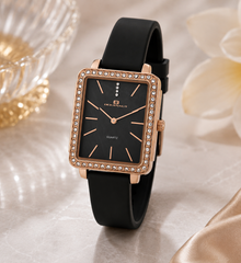 Oceanaut Adorn – Black Dial Women's Quartz Watch with Square Stainless Steel Case, Green Rubber Strap & Mineral Crystal