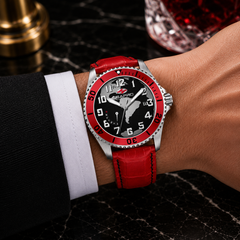 Seapro Voyager – Black Dial Men's Quartz Dive Watch with 42mm Stainless Steel Case, Red Leather Strap & 200M Water Resistance