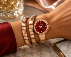 Christian Van Sant Naga – Red Dial Women's Quartz Dress Watch with 28mm Stainless Steel Case, Rose Gold Bracelet & Mineral Crystal