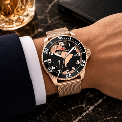 Seapro Voyager – Black Dial Men's Quartz Dive Watch with 42mm Stainless Steel Case, Rose Gold Bracelet & 200M Water Resistance