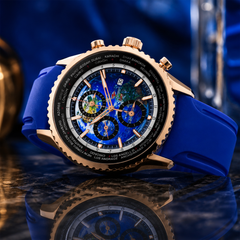 Seapro Meridian World Timer GMT – Blue Dial Men's Quartz Travel Watch with 47mm Stainless Steel Case, Black Rubber Strap, GMT & 100M Water Resistance
