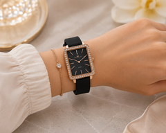 Oceanaut Adorn – Black Dial Women's Quartz Watch with Square Stainless Steel Case, Green Rubber Strap & Mineral Crystal