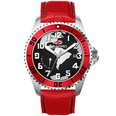 Seapro Voyager – Black Dial Men's Quartz Dive Watch with 42mm Stainless Steel Case, Red Leather Strap & 200M Water Resistance