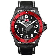 Seapro Voyager – Blue Dial Men's Quartz Dive Watch with 42mm Stainless Steel Case, Red Leather Strap & 200M Water Resistance