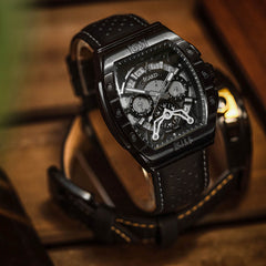 Patriot Stealth – All Black Swiss Timepiece with 316L Steel Case, Miyota Dual Time Movement & Leather Strap