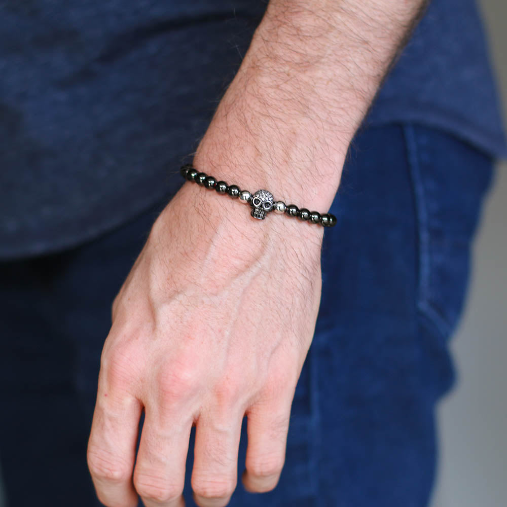 Grey Beaded Skull Bracelet